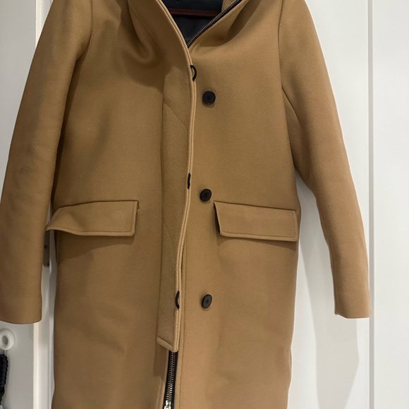 Sandro Women's KURT Camel Wool Coat with Fur Trim Hood 4 Buttons - Picture 2 of 5